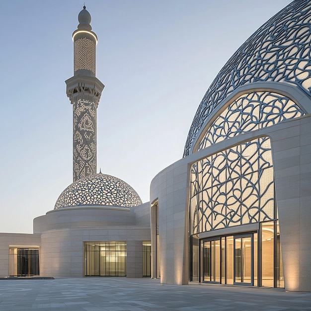 Photo a futuristic mosque with towering minarets and a large domed roof aigenerated