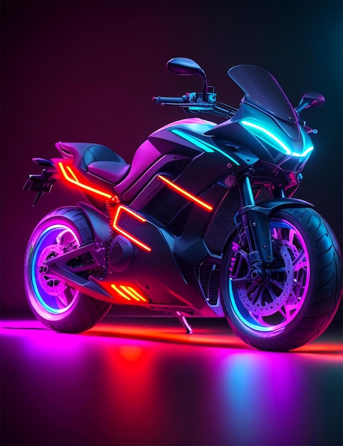 futuristic motorbike on a vibrant colorful retrowave landscape Ai generative