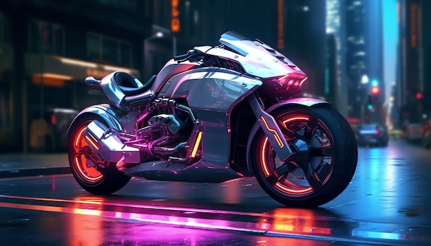 A futuristic motorcycle in a city at night.