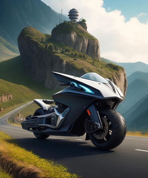 Futuristic Motorcycle In hilly areas by the Highway AI generated