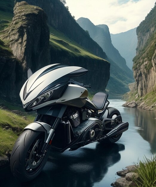 Futuristic Motorcycle In hilly areas by the sea AI generated