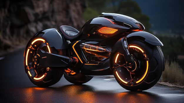 Futuristic motorcycle illuminated with orange accents parked on a serene mountain road at dusk