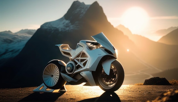 A futuristic motorcycle is parked in front of a mountain range