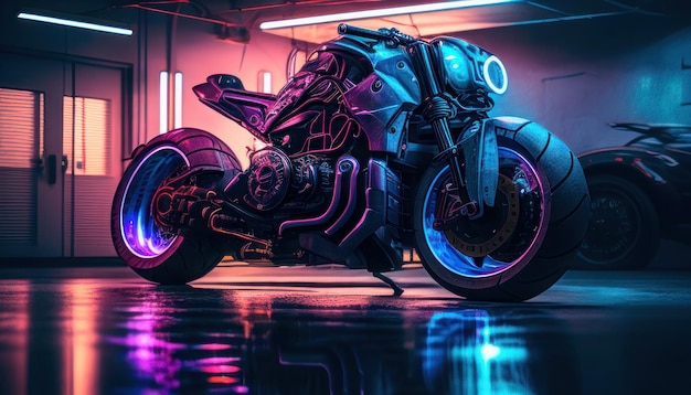 A futuristic motorcycle in neon lights with the word cyberpunk on the side