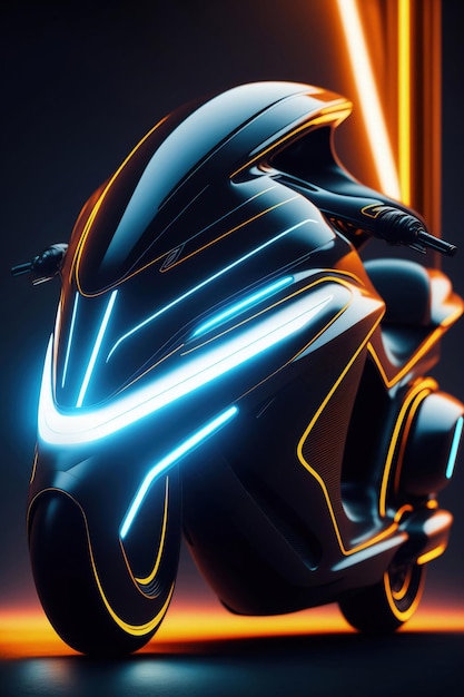 A futuristic motorcycle with a blue and orange led strip.