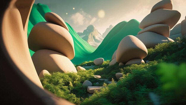 A futuristic mountain landscape with vibrant cinematic colors featuring large undulating rock shape