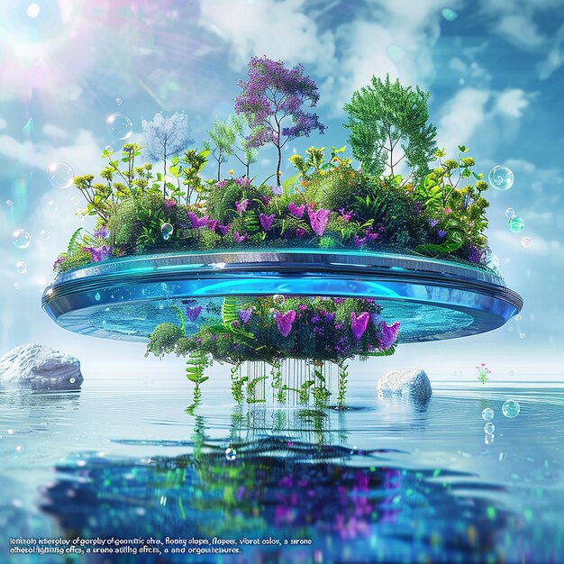 Photo futuristic nature scene with a floating blue ringshaped metallic structure and vibrant green plants