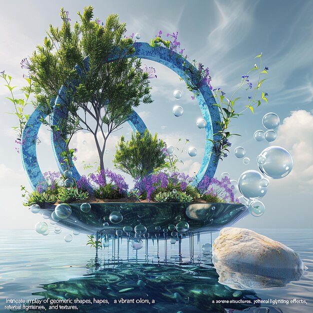 Photo futuristic nature scene with a floating blue ringshaped metallic structure and vibrant green plants