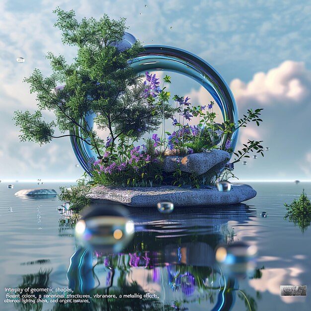 futuristic nature scene with a floating blue ringshaped metallic structure and vibrant green plants