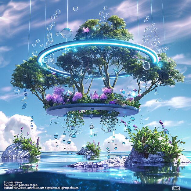 Photo futuristic nature scene with a floating blue ringshaped metallic structure and vibrant green plants