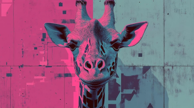 Futuristic Neo Brutalism giraffe poster with geometric patterns and metallic colors in urban style