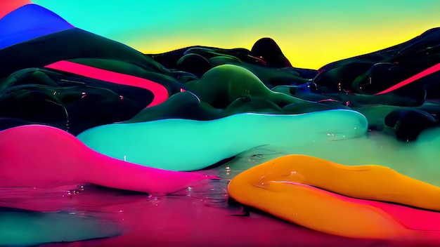 Futuristic neon 3D landscape with liquid shapes glowing fluid shapes Modern 3d fluid design