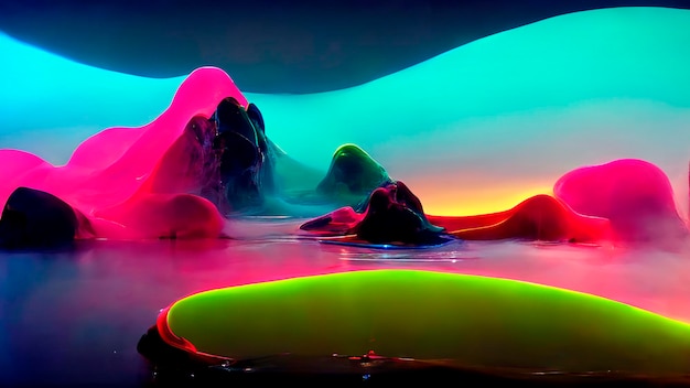 Futuristic neon 3D landscape with liquid shapes glowing fluid shapes Modern 3d fluid design