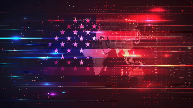 Photo futuristic neon american flag with glowing red white and blue lines on a dark background flag day