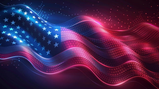 Photo futuristic neon american flag with glowing red white and blue lines on a dark background flag day