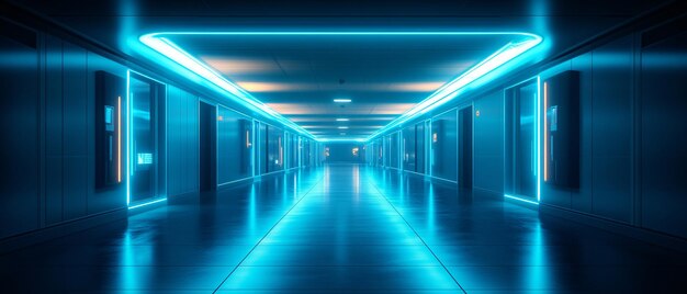 Photo futuristic neon blue corridor with glowing lights