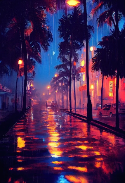 A futuristic neon city A rainy city street with palm trees