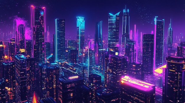 Futuristic Neon City Skyline Night View