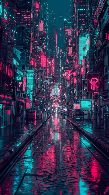 Photo futuristic neon city street with reflections