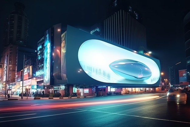 Futuristic neon city with billboard at street Generative AI