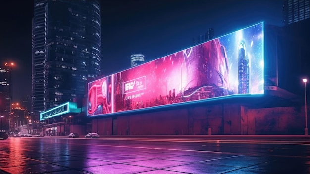 Futuristic neon city with billboard at street Generative AI