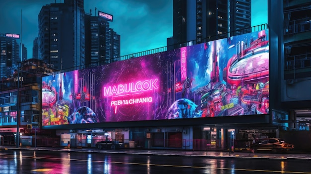 Futuristic neon city with billboard at street Generative AI