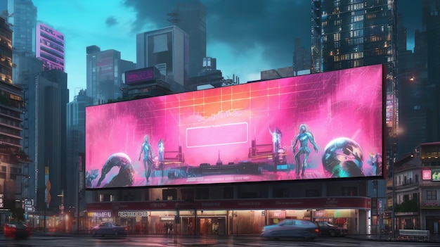 Futuristic neon city with billboard at street Generative AI