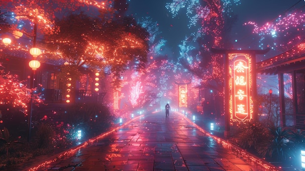 Futuristic Neon Cityscape with Luminous Trees and Lanterns