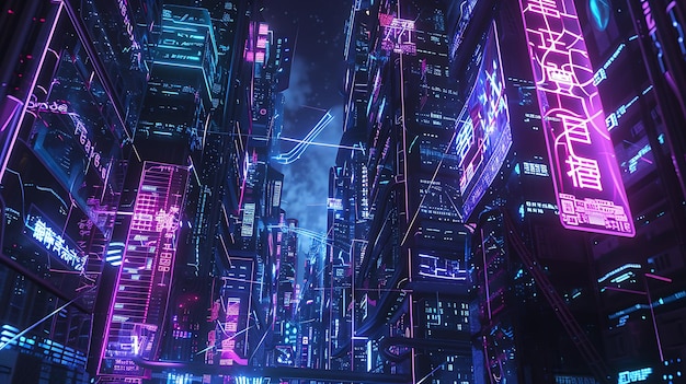 Futuristic Neon Cityscape with Vibrant Lights and Chinese Characters