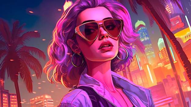 Futuristic neon colors illustration of beautiful woman portrait design in a cyberpunk city style