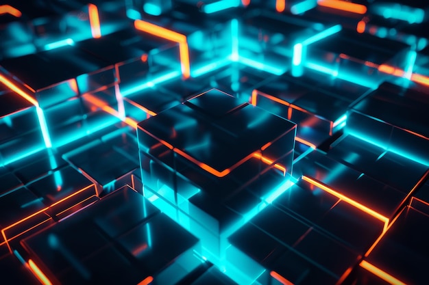 Futuristic Neon Cubes with Glowing Edges in a Digital Abstract Tech Background