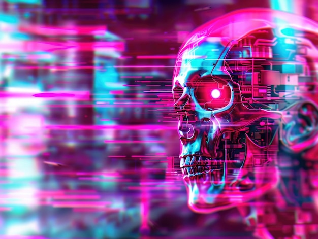 Photo futuristic neon cyber skull with digital glitch effect