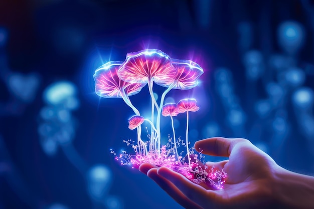 Futuristic neon digital mushrooms on mystery background Hand holds glowing network mushrooms