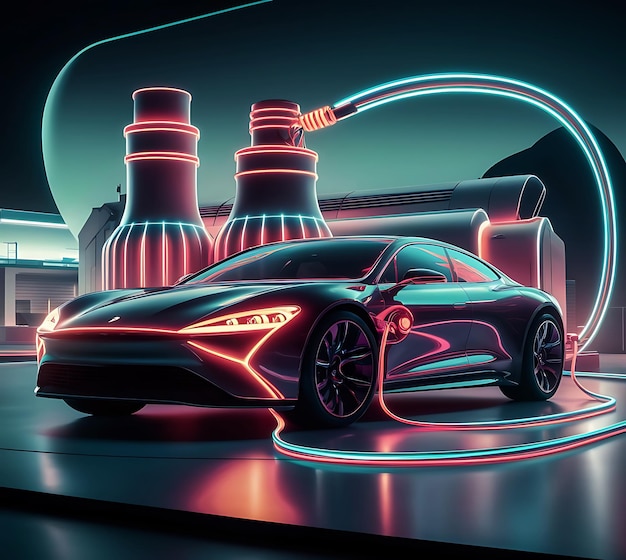 A futuristic neon electric car is being charged from a power plant