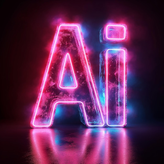 Futuristic neon font letter Ai on a dark background 3D rendering