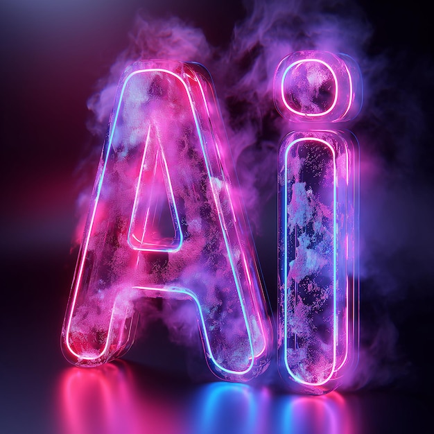 Futuristic neon font letter Ai on a dark background 3D rendering