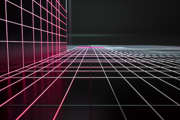 Futuristic Neon Grid Background with Dark Abstract Geometric Lines and Glowing Perspective