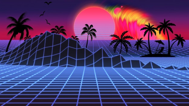 Futuristic Neon Landscape 1980s Style Retro Abstract RPG Gaming RPG Background Digital Mountains