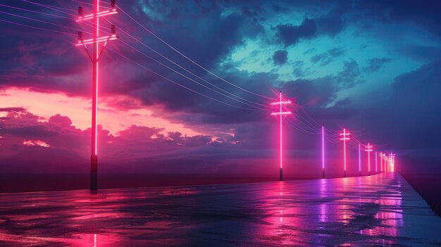 Futuristic neon lights on electricity poles at night by the road