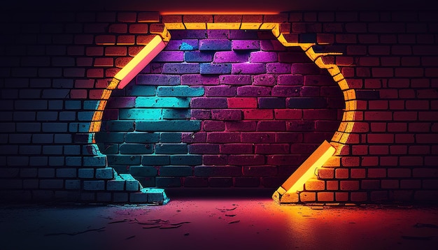 Futuristic neon lights on grunge brick wall blending retro and modern vibes