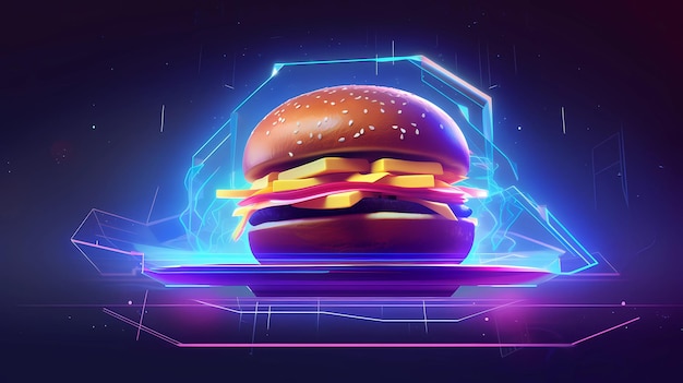 Futuristic and neon lights style illustration of hamburger or burger ai generative