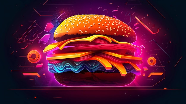 Futuristic and neon lights style illustration of hamburger or burger ai generative