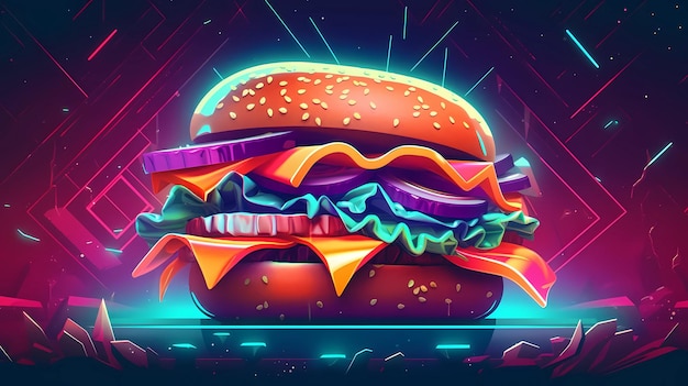 Futuristic and neon lights style illustration of hamburger or burger ai generative