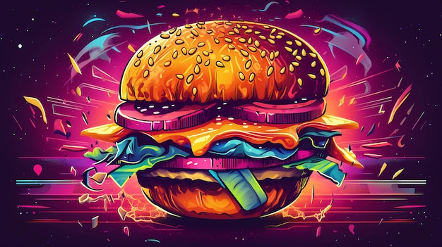 Futuristic and neon lights style illustration of hamburger or burger ai generative