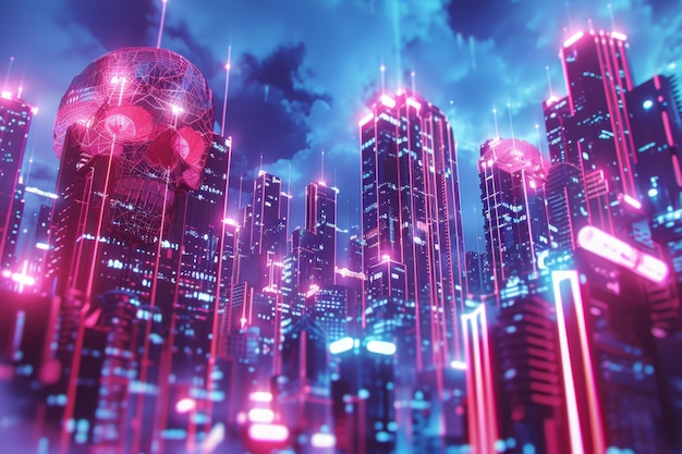 Photo futuristic neon metropolis with digital skulls