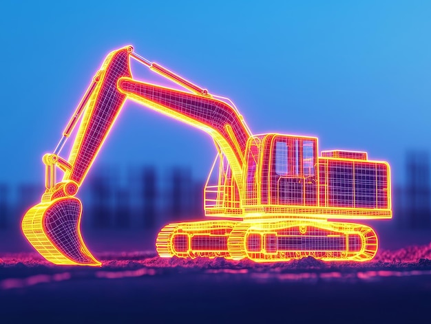 Futuristic neon outline of an excavator against a blue background showcasing modern construction technology and design