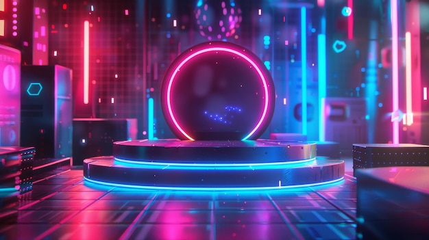 Futuristic Neon Podium with Holographic Projection in a Vibrant Cyberpunk Setting Copyspace for Pro