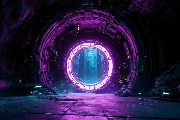 Futuristic neon tunnel with glowing lights inside Futuristic background