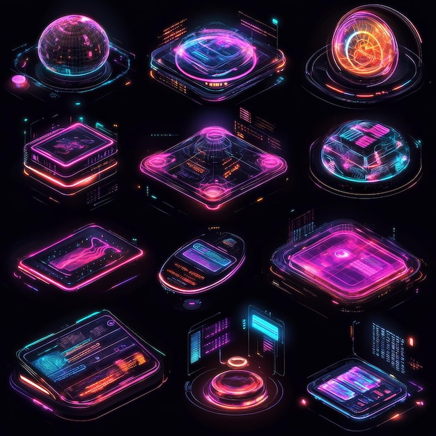 Futuristic Neon UI Elements Futuristic Interface Design Holographic Spheres Neon Glow Abstract