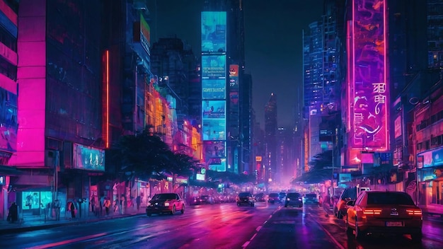 Futuristic neonlit city street at night